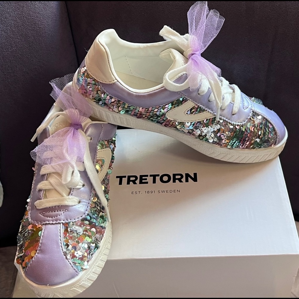 TRETORN CAMDEN SHINE MULTI SEQUIN & LEATHER SNEAKERS YOUTH GIRLS SZ 4 LIKE NEW